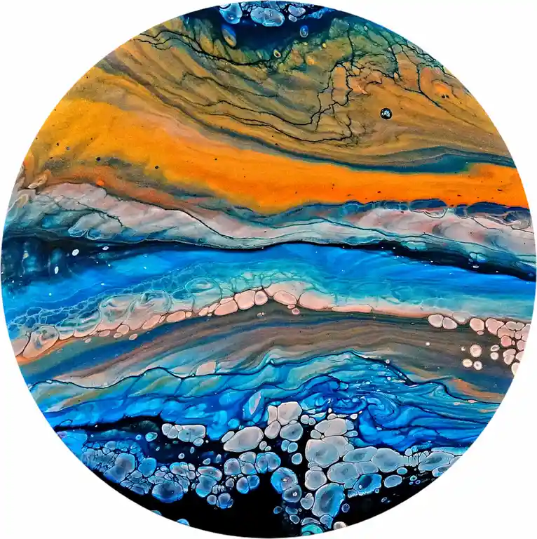 A circular abstract painting with swirling layers of blue, orange, and brown paint, featuring bubble-like textures and…