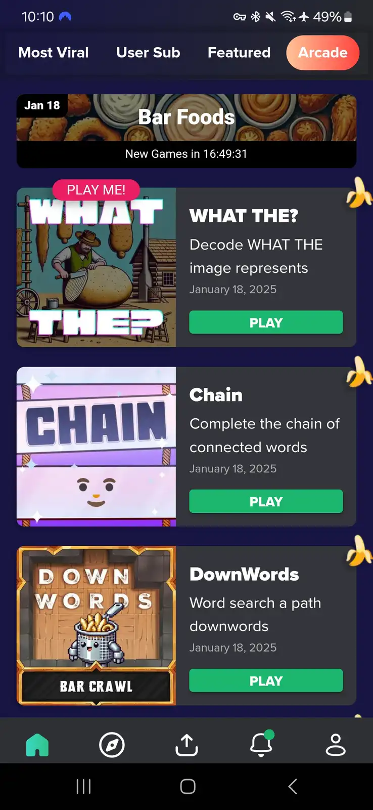 A screenshot of a mobile game app's 'Arcade' section showing three games: 'WHAT THE?' with a cartoon man slicing a giant…
