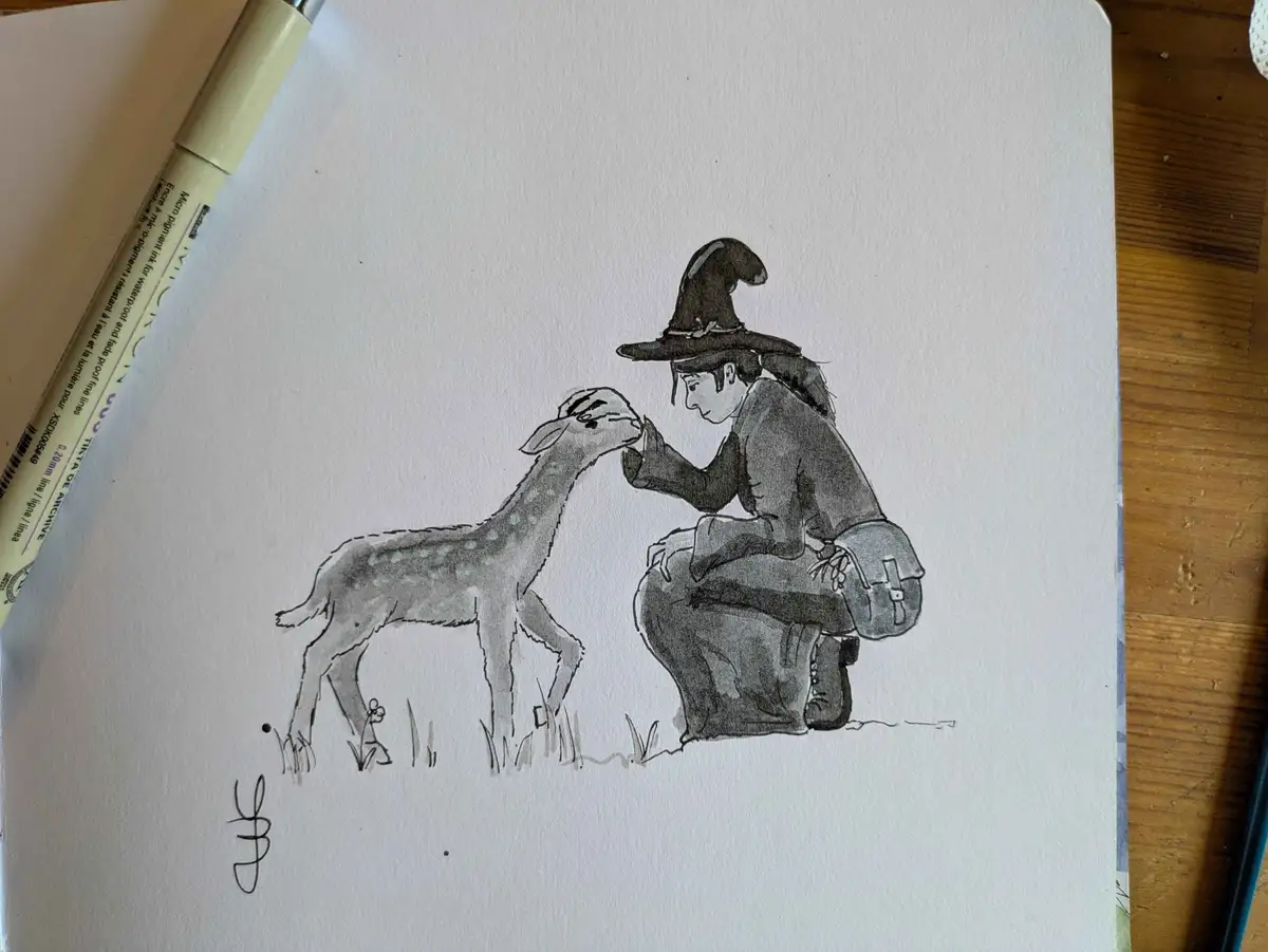 A hand-drawn illustration shows a person in a witch's hat kneeling and gently touching the nose of a spotted goat. The…