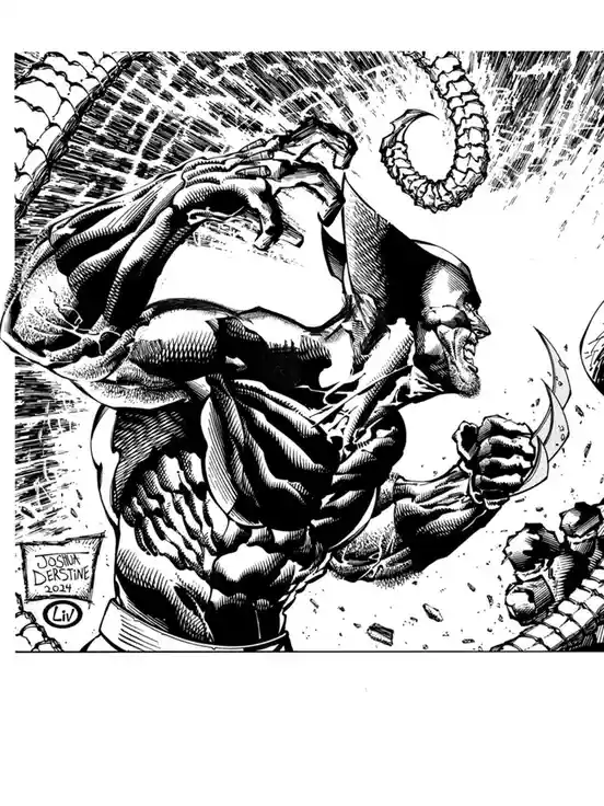 A black-and-white comic panel depicts a muscular, enraged Batman mid-fight, tearing at his own cowl with one hand while his…