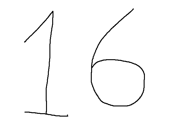 A crudely hand-drawn number '16' in black ink on a plain white background. The digits are simple, uneven lines with the '6'…