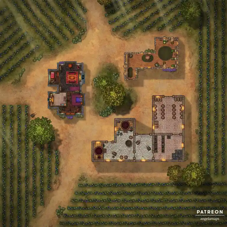 This is a top-down fantasy map showing a rustic tavern and winery complex surrounded by neatly arranged grapevines in rows…