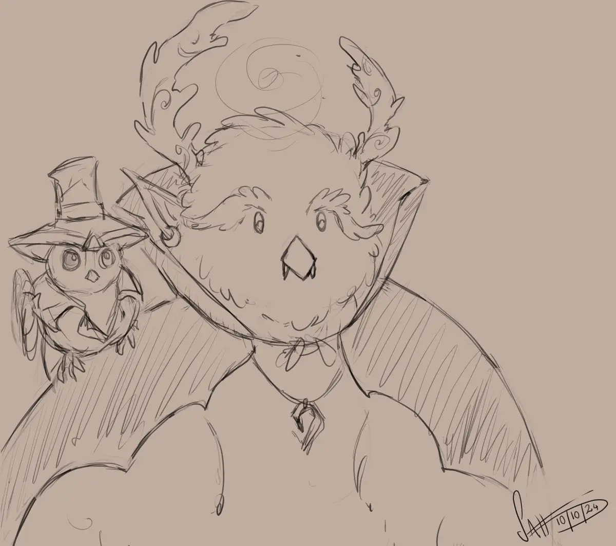 A sketch depicts a large, cartoonish bat-like creature with prominent ears, a small nose, and bat wings, looking surprised…