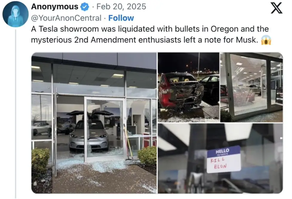 A collage of images shows a shattered glass entrance of a Tesla showroom, a damaged red Tesla vehicle outside, and a…