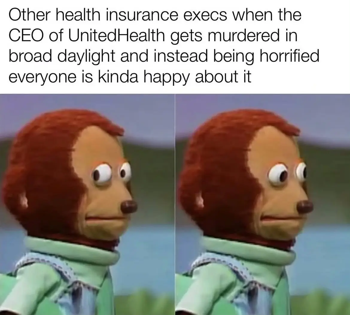 The image shows two side-by-side panels of a puppet monkey with red hair, wide eyes, and a slightly smug or satisfied…