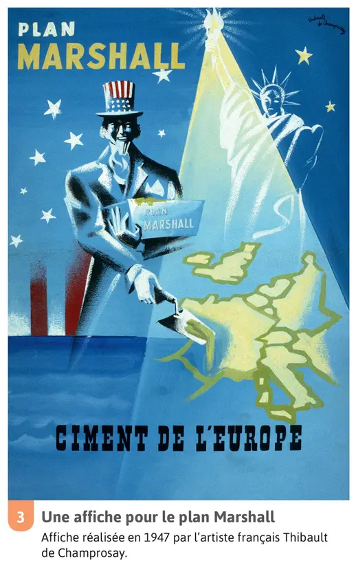 A vintage 1947 French propaganda poster by artist Thibault de Champrosay depicts Uncle Sam holding a 'Plan Marshall' box and…