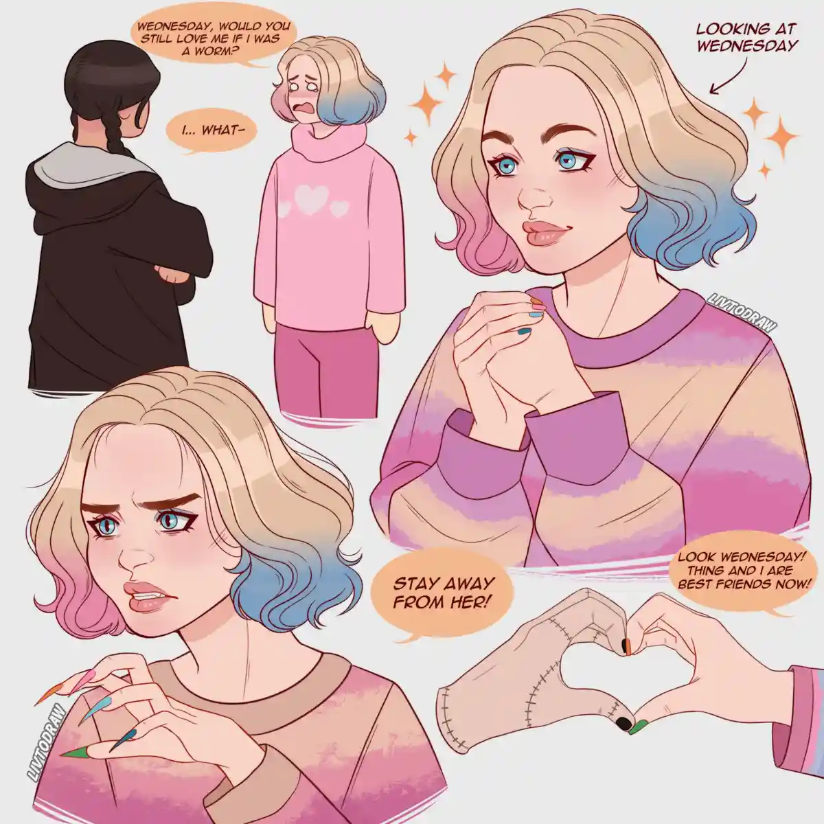 This comic-style image shows a character with blonde and blue hair asking Wednesday if she'd still love her if she was a…