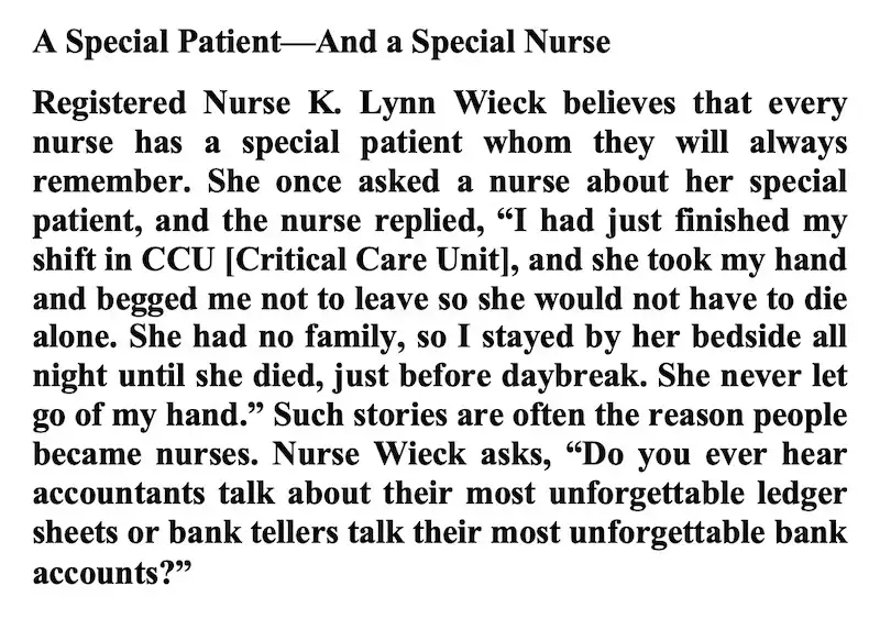 The image displays a block of black text on a white background, presenting a story about a nurse named K. Lynn Wieck who…