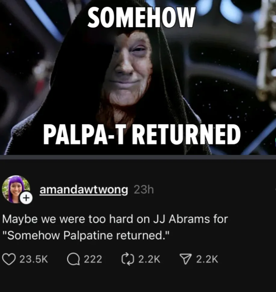 The image shows a close-up of the character Palpatine from Star Wars, wearing his signature dark hooded robe, with a smug…