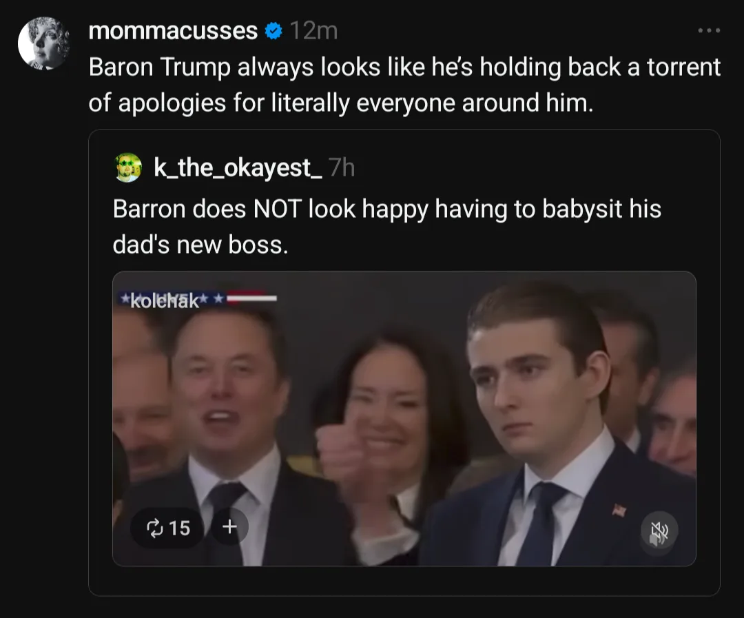 A screenshot of a Twitter thread shows a user commenting on a video clip where young man Barron Trump looks visibly unamused…
