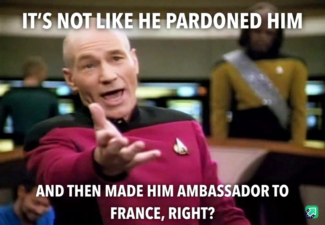 A man in a red Starfleet uniform from Star Trek: The Next Generation points forward with a sarcastic expression. The…