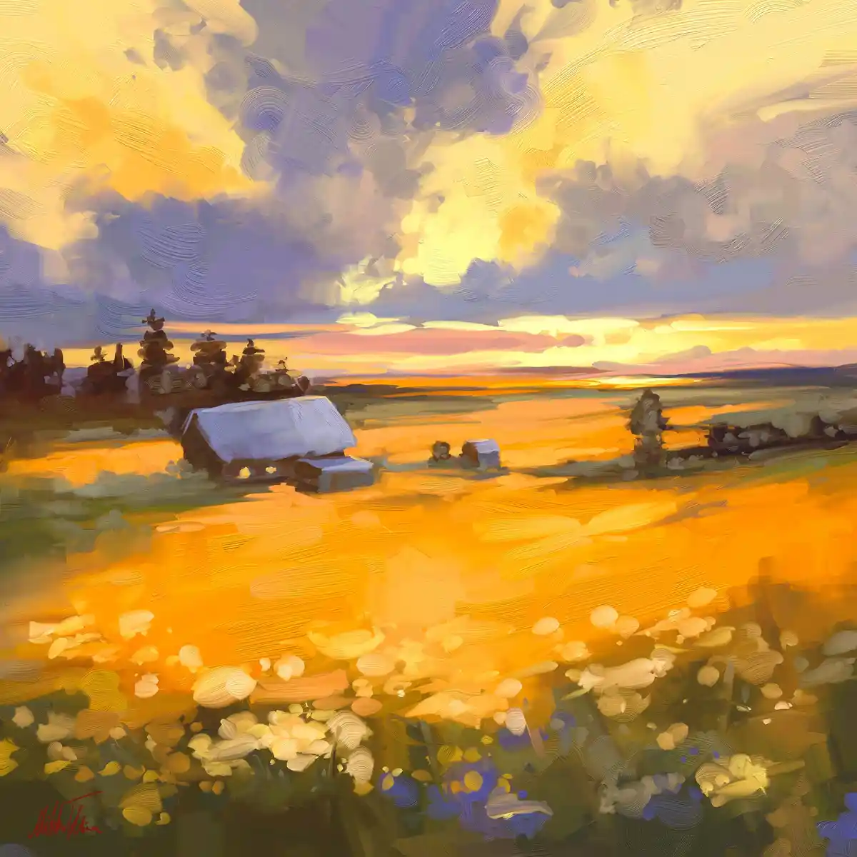 A vibrant, painterly landscape depicts a golden field under a dramatic sky with purple and yellow clouds, featuring a small…
