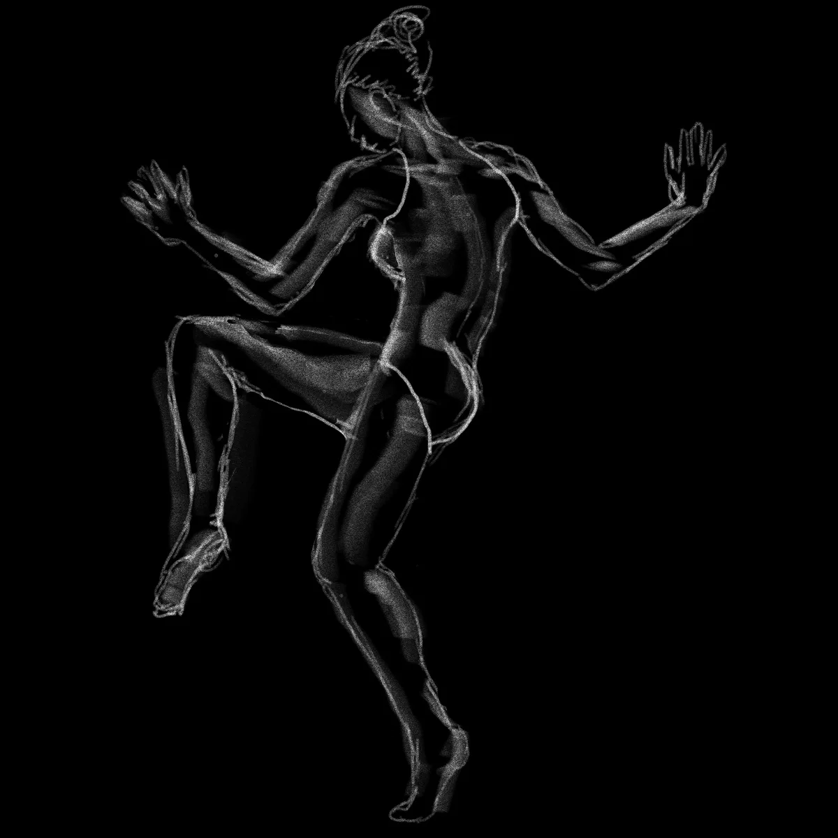 A grayscale, particle-based digital rendering of a human figure in a dynamic, mid-air dance pose against a black background…