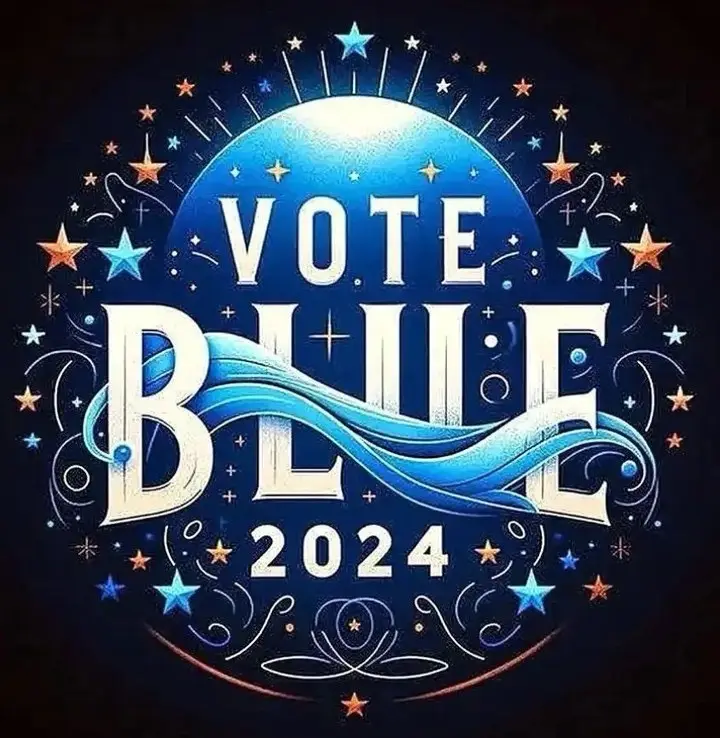A stylized political campaign graphic with a large blue sphere at the center, surrounded by stars and decorative swirls. The…