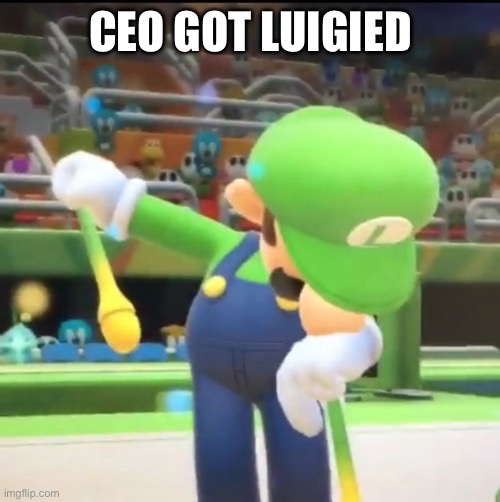 A screenshot from a Mario game shows Luigi in a celebratory pose, holding a yellow spoon, with the text 'CEO GOT LUIGIED'…
