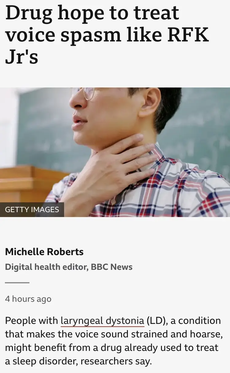 A screenshot of a BBC News article about a drug for laryngeal dystonia, overlaid with the text 'Drug hope to treat voice…
