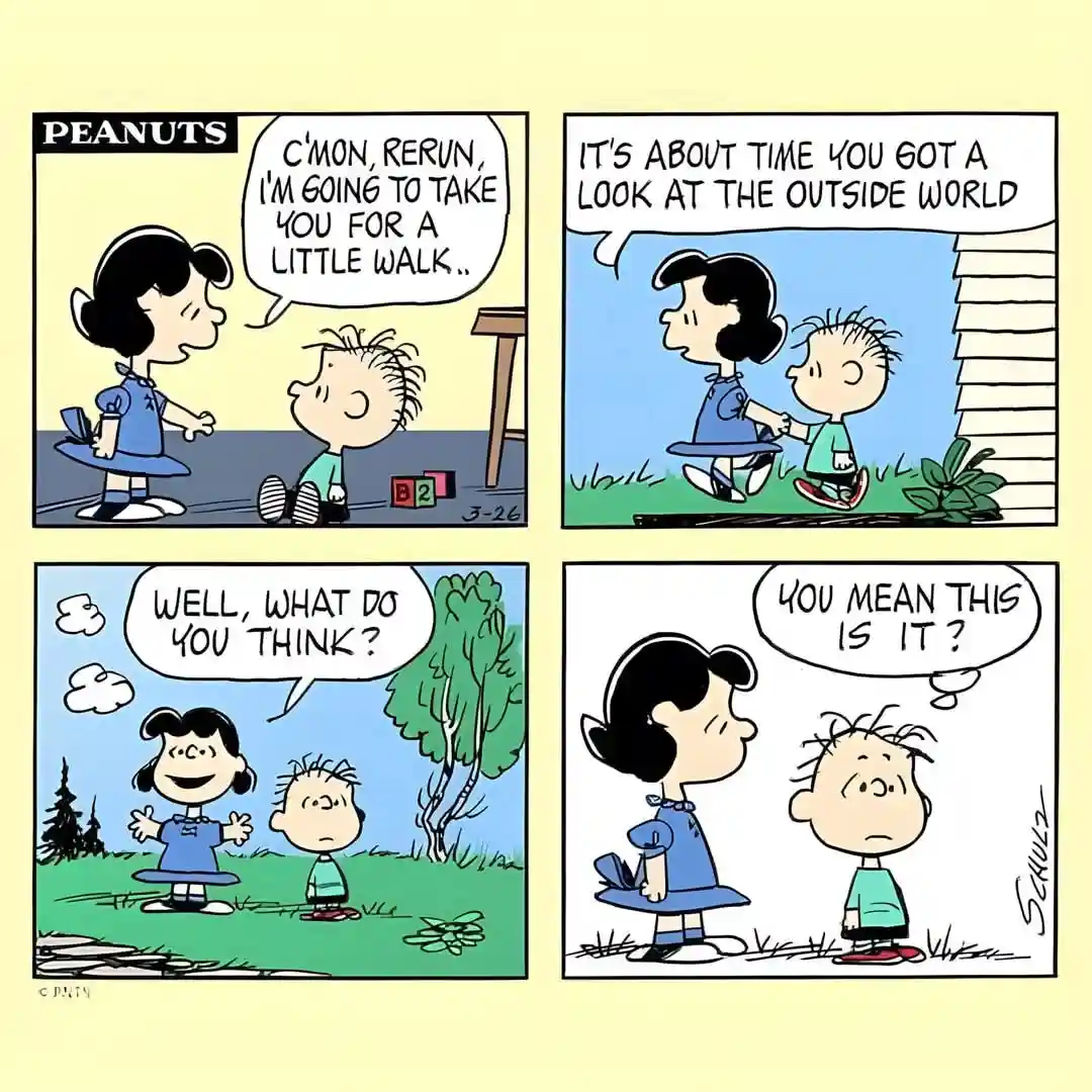 A four-panel Peanuts comic strip shows Lucy inviting Rerun for a walk, taking him outside, and then showing him a small…