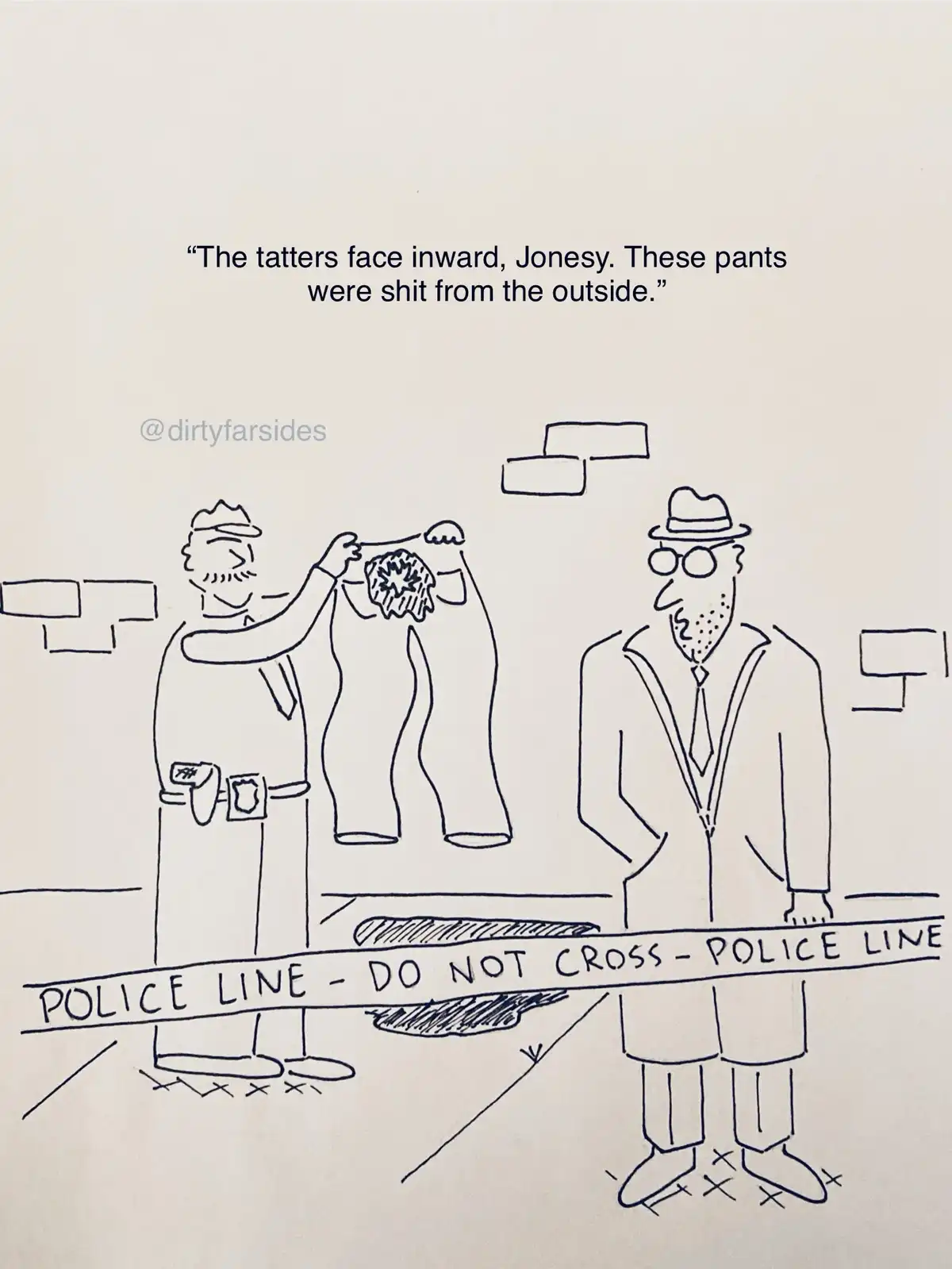 A black-and-white line drawing shows two men at a crime scene marked by police tape. One man, in a police uniform, holds up…