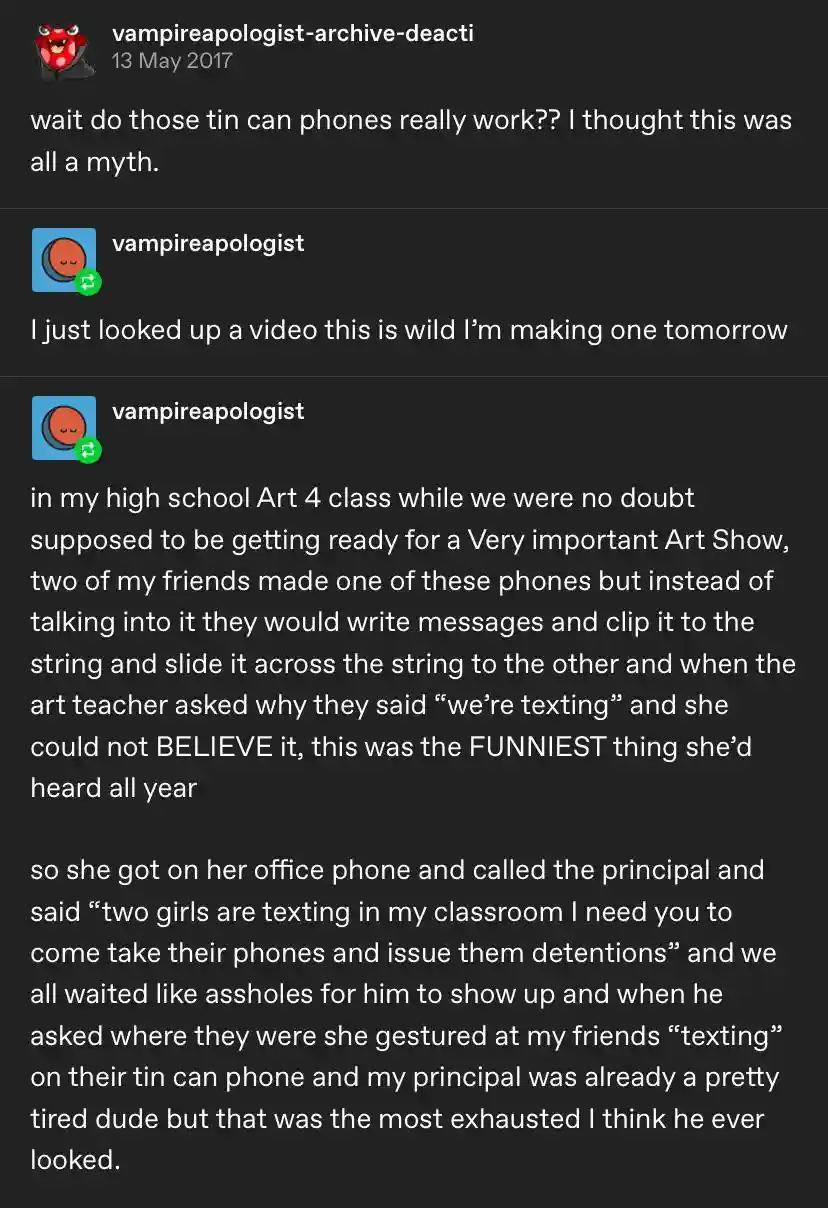 A screenshot of a Reddit thread where a user recounts a story about two friends in high school art class using a tin can…
