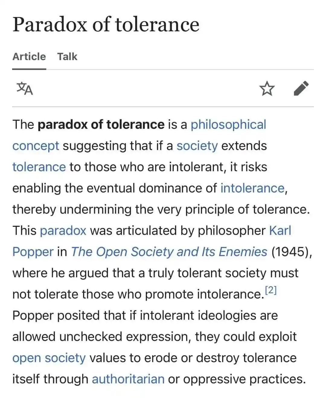 A screenshot of a Wikipedia article titled 'Paradox of tolerance' showing its introductory text. The text explains the…