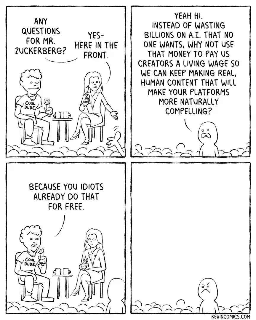 A four-panel comic strip shows a Q&A session with a man labeled 'Mr. Zuckerberg' and a female interviewer. A crowd member…