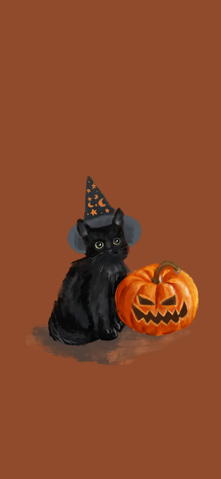 A black cat wearing a pointed witch's hat decorated with orange stars and crescent moons sits beside a carved…