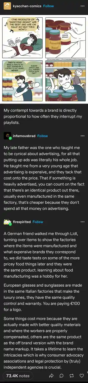 A four-panel comic shows a man annoyed by ads for 'Annoying Brand' interrupting his music, then choosing a 'Minor Brand' jar…