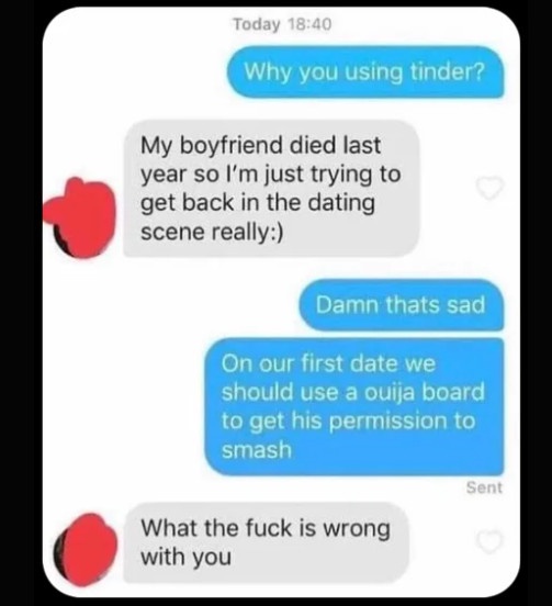 A screenshot of a text conversation where one person asks why the other is using Tinder, and the other replies they're…