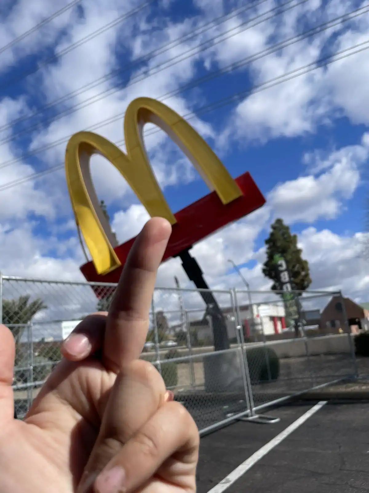 A person's hand is in the foreground, pointing a finger directly at a large, tilted McDonald's golden arches sign. The sign…