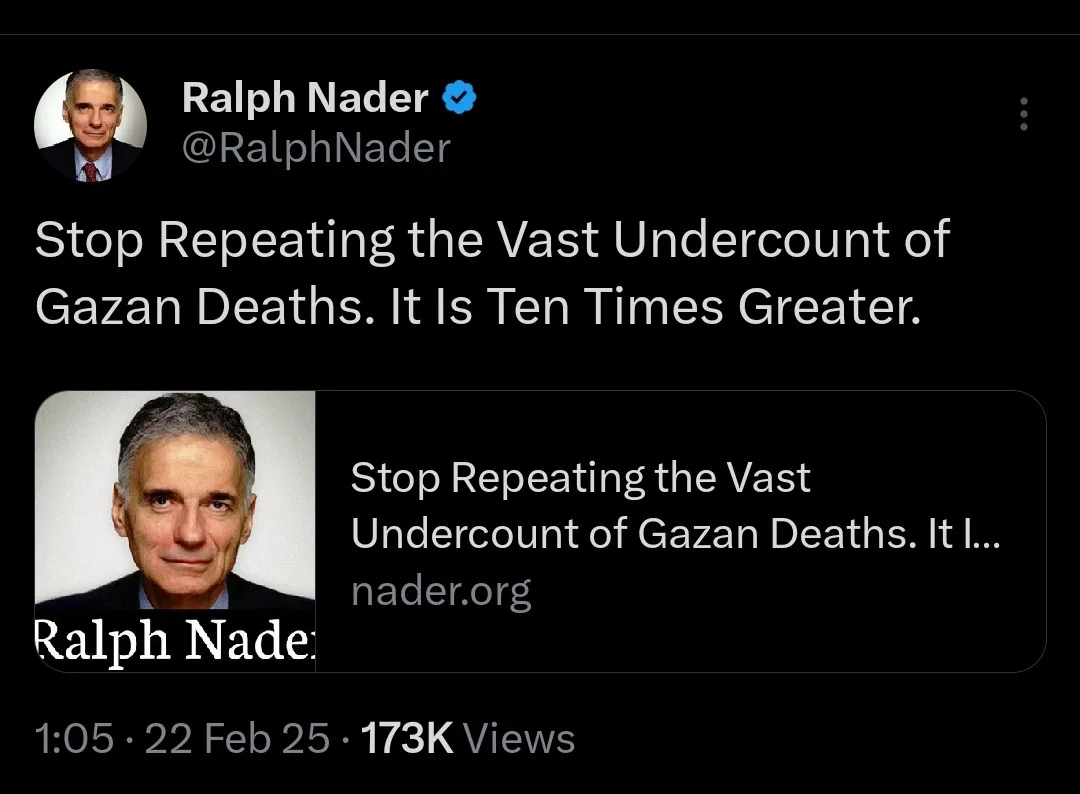 A screenshot of a tweet from verified user Ralph Nader, who is shown in a circular profile picture and a smaller thumbnail…