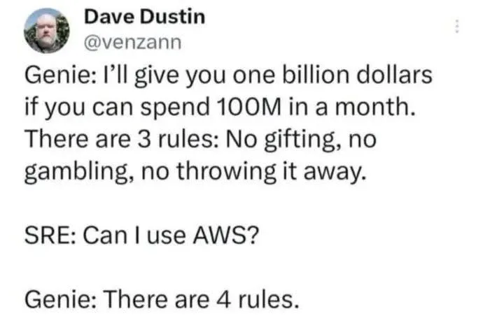A screenshot of a tweet by Dave Dustin (@venzann) showing a fictional conversation where a genie offers a billion dollars…
