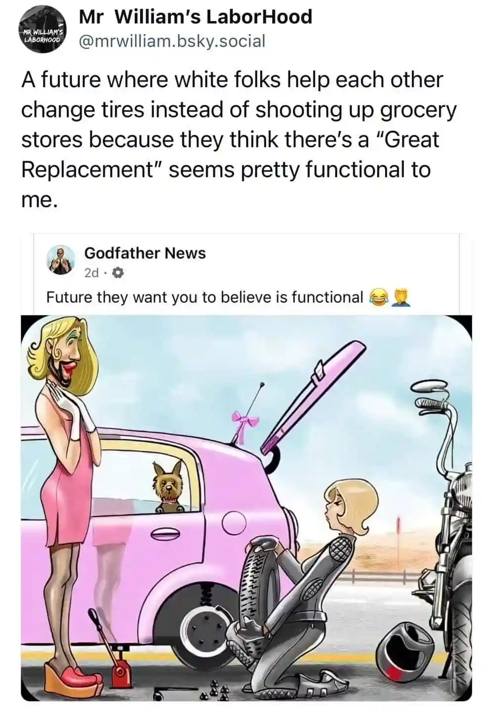 A cartoon depicts a blonde woman in a pink dress standing by a pink car while another blonde woman in a silver jumpsuit…