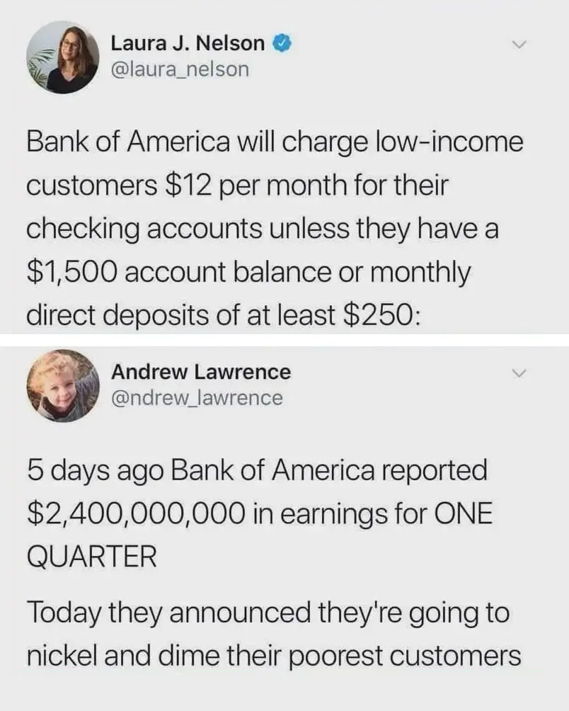 The image displays two Twitter posts. The first, from Laura J. Nelson, states Bank of America will charge low-income…