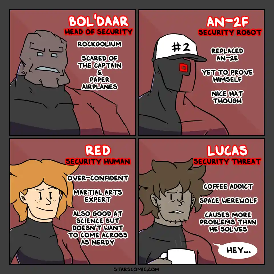A four-panel comic strip shows four characters with their names and humorous, self-deprecating descriptions. Bol'Daar, a…