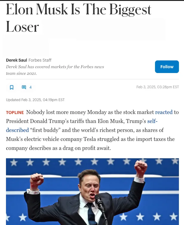 A screenshot of a Forbes article with the headline 'Elon Musk Is The Biggest Loser' and a photo of Elon Musk with his arms…