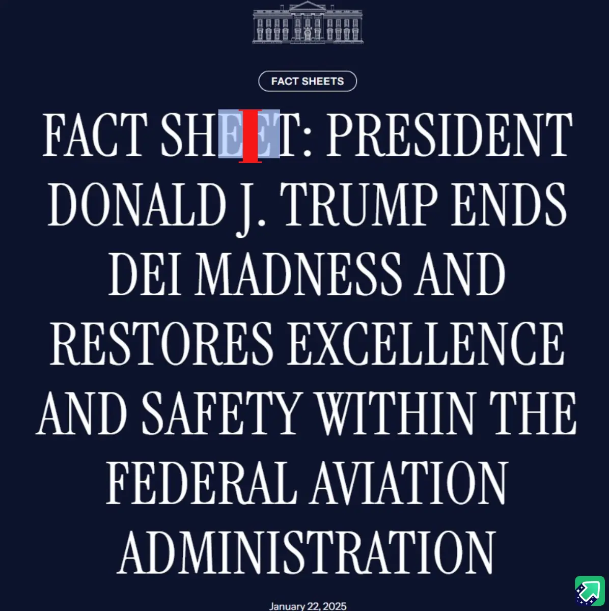 The image displays a dark blue background with a white outline of the White House at the top. Below it, a white oval reads…