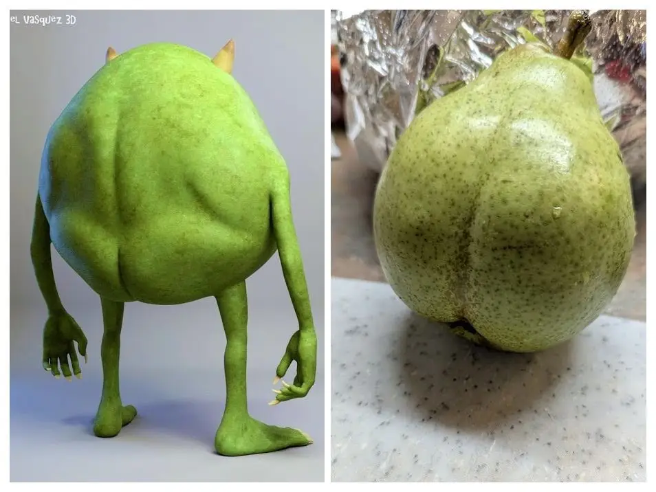 The image is a side-by-side comparison: on the left, a 3D-rendered green monster with small horns and a large, rounded…