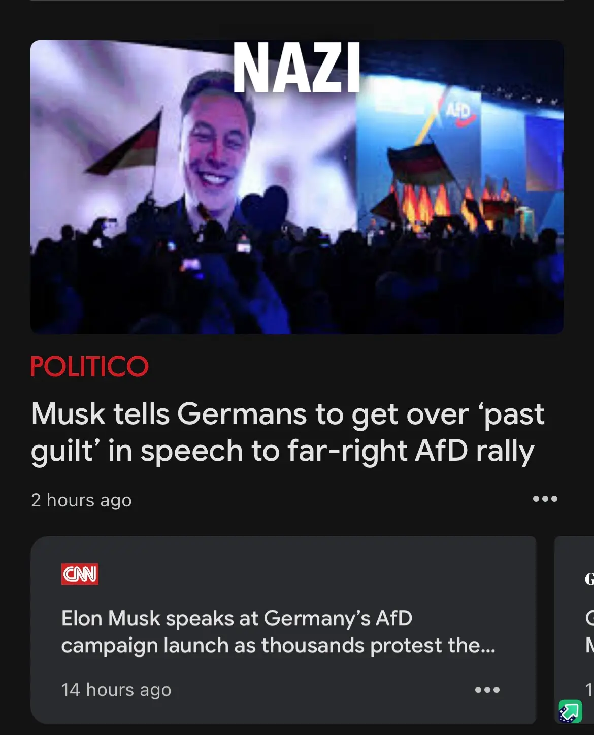 A screenshot of a news feed showing headlines about Elon Musk speaking at an AfD rally, overlaid with the word 'NAZI' in…