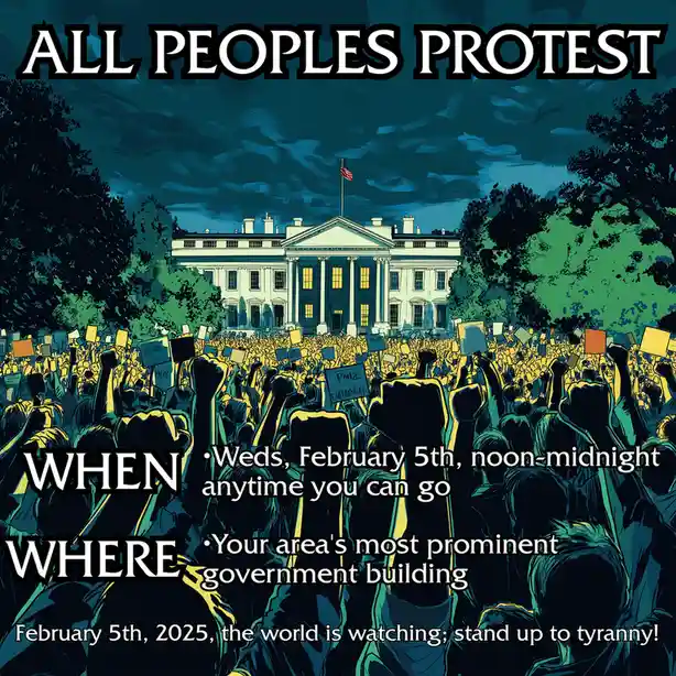 An illustrated poster depicts a massive crowd of protesters with raised fists and signs facing the White House at night. The…