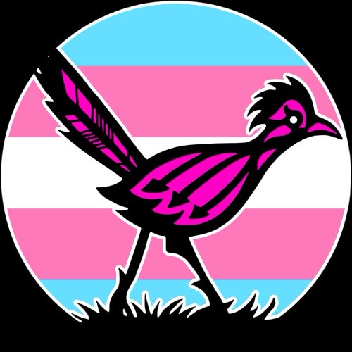 A stylized black-and-pink roadrunner silhouette stands on grass against a circular background of pink, white, and light blue…