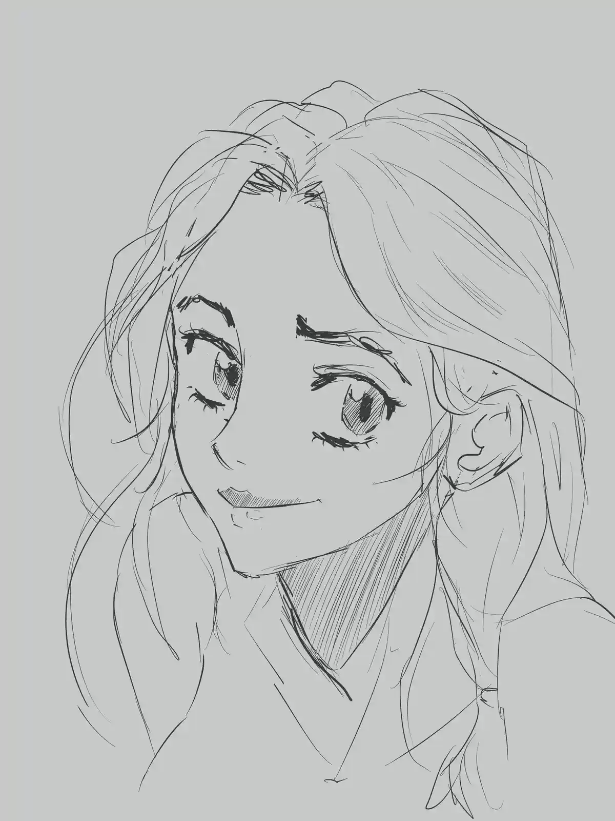 A grayscale line art sketch of a young woman with long hair, looking slightly upward with a gentle, almost tearful smile…