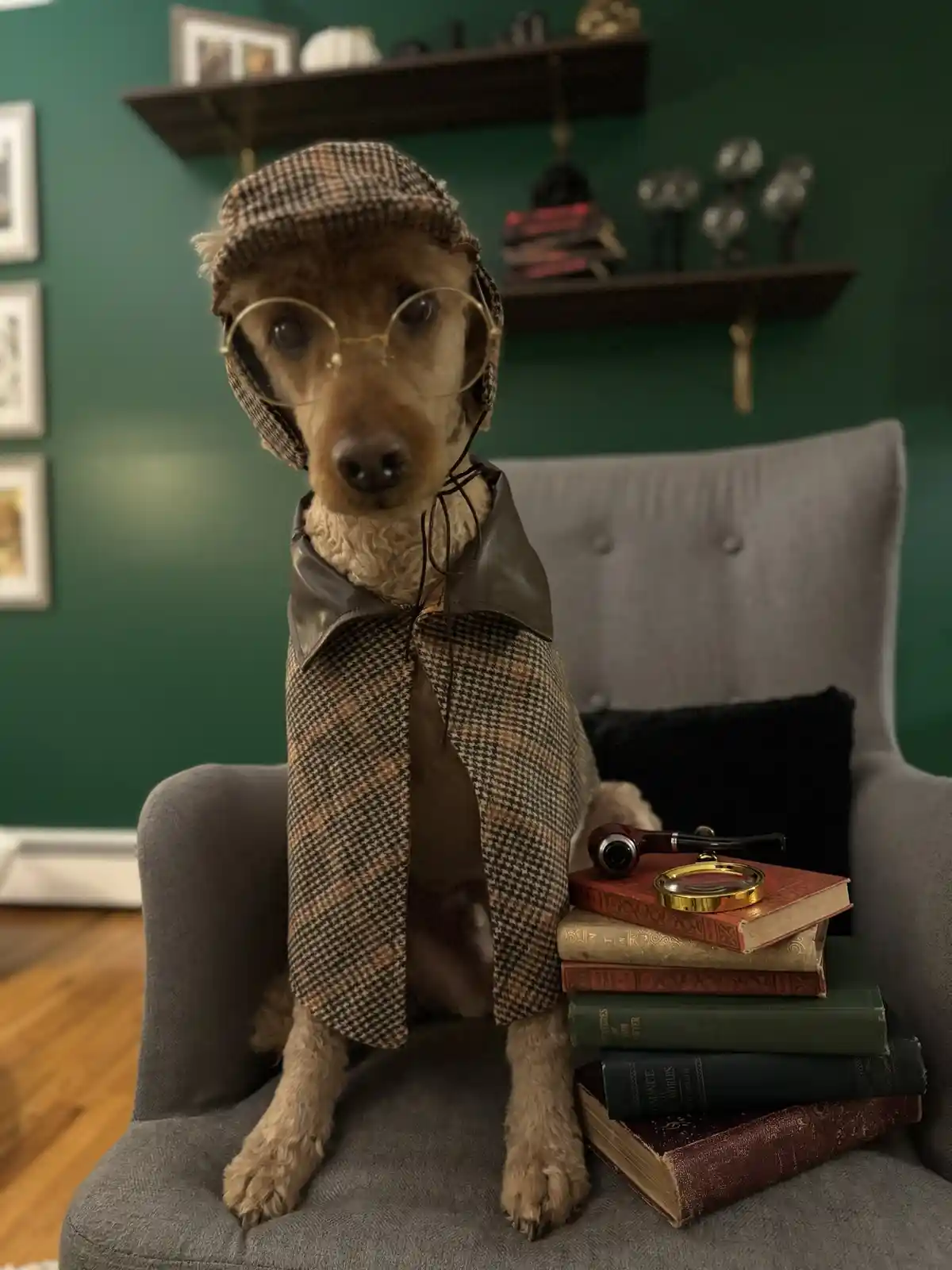 A light brown dog sits upright in a grey armchair, dressed in a classic detective costume including a houndstooth flat cap…