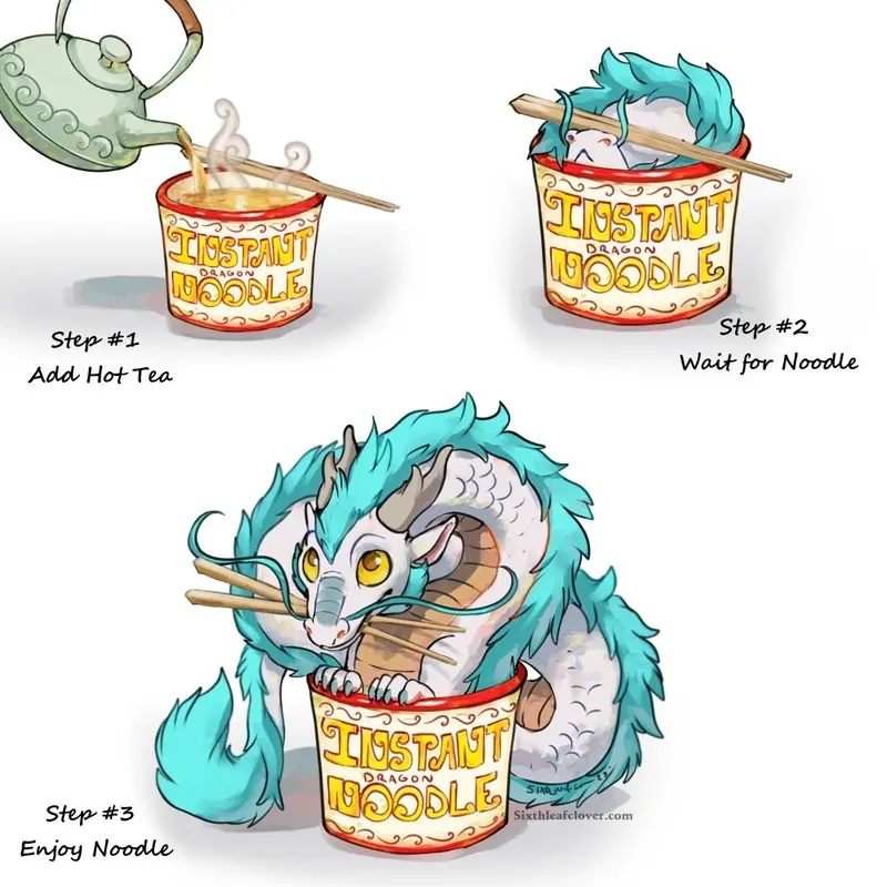 A three-panel cartoon shows a small blue dragon transforming into a large, fluffy dragon as it eats instant noodles. Step #1…