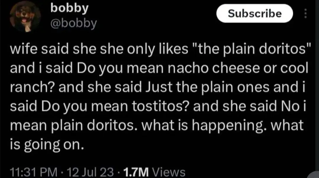 A screenshot of a social media post by 'bobby' showing a humorous exchange where a husband tries to clarify his wife's…