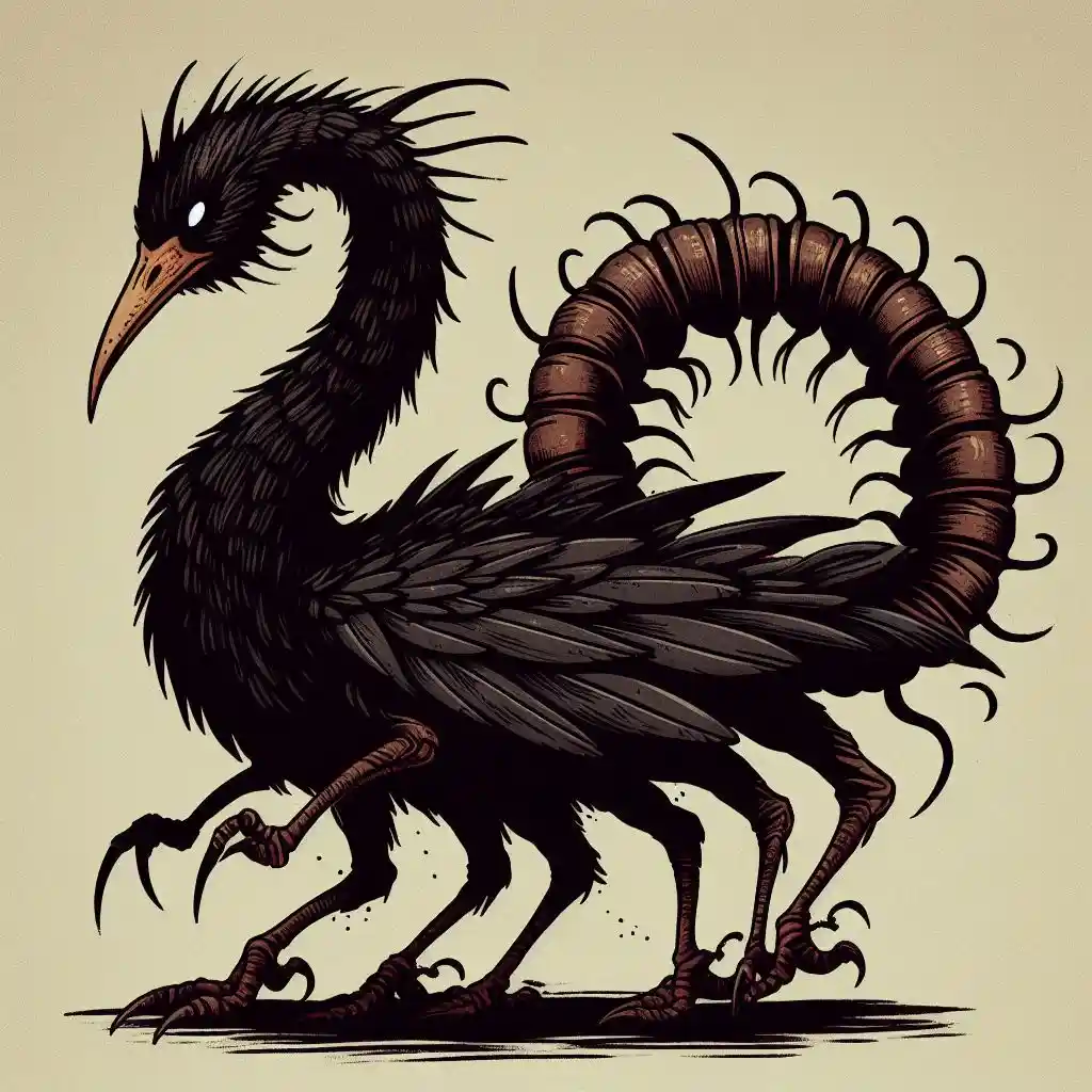 A stylized illustration of a monstrous creature with the body of a black-feathered bird, sharp talons, and a long, segmented…