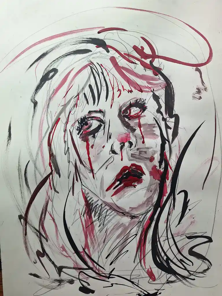 A sketch-style drawing of a woman's face with red streaks resembling tears or blood running down her cheeks and chin…