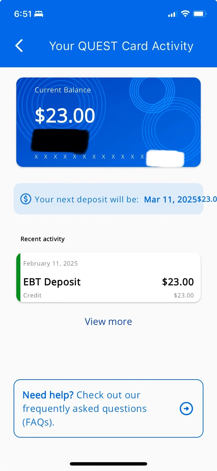 A screenshot of a mobile banking app showing a QUEST Card with a current balance of $23.00, with a recent EBT deposit of…