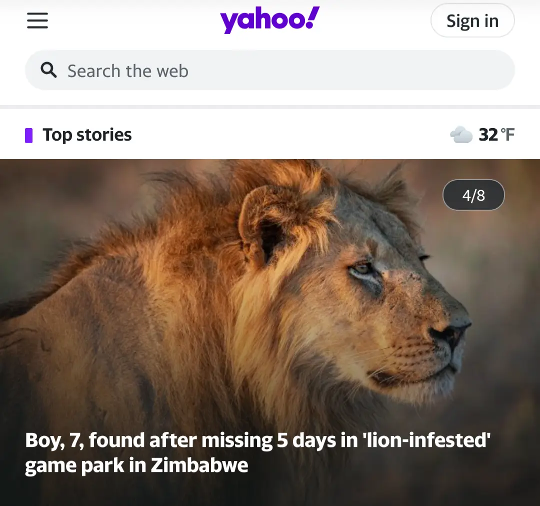 A screenshot of a Yahoo! news page shows a close-up photo of a male lion looking off to the side. The headline text overlaid…