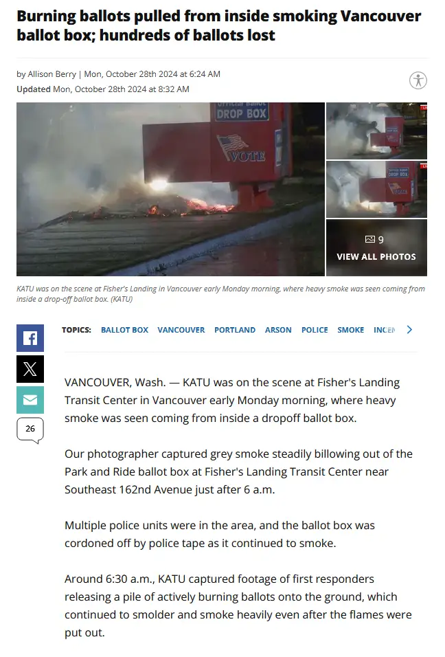 A news article screenshot shows a red ballot drop box on fire, with flames and smoke billowing out. The headline reads…