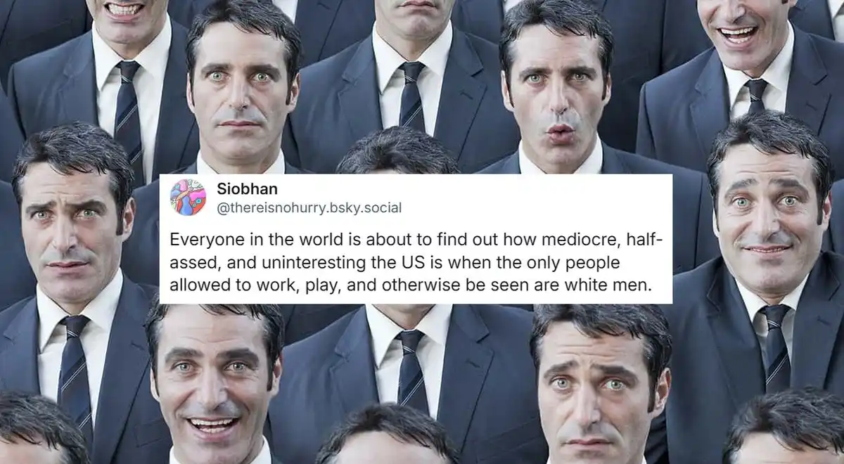 The image shows a collage of multiple identical men in dark suits and ties, displaying various facial expressions ranging…